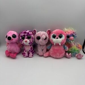 Lot of 5 Ty Beanie Boos Plush Toys Pink Flamingo Leopard Walrus Rainbow Creature